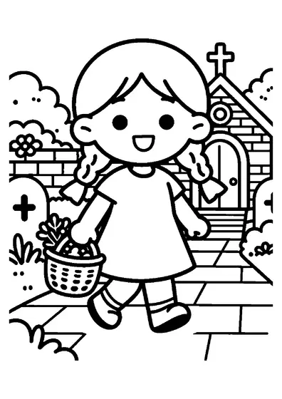 Una bambina con le trecce porta nel cortile di una cappella un cesto colmo di erbe e fiori raccolti in un mazzo.