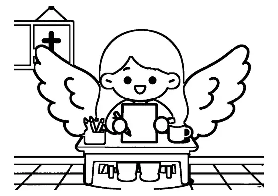 Una niña en su escritorio dibuja un angelito en una tarjeta de Navidad.