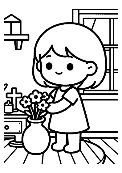 Mädchen mit Bobfrisur, das neben einem Kreuz frische Blumen in einer Vase arrangiert.
