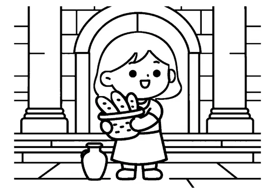 Mädchen mit hochgestecktem Dutt und einem Brotkorb auf den Stufen einer Kirche.