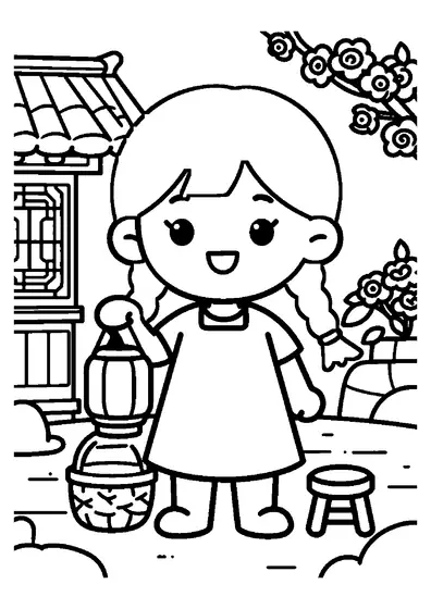 Mädchen mit einer Laterne in der Hand neben einer hölzernen Kapelle im Garten.