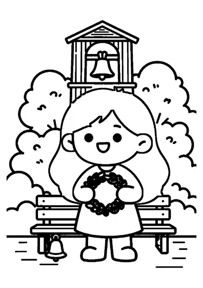 O fată cu păr lung și ondulat ține o cunună de laur în fața unei clopotnițe din lemn.