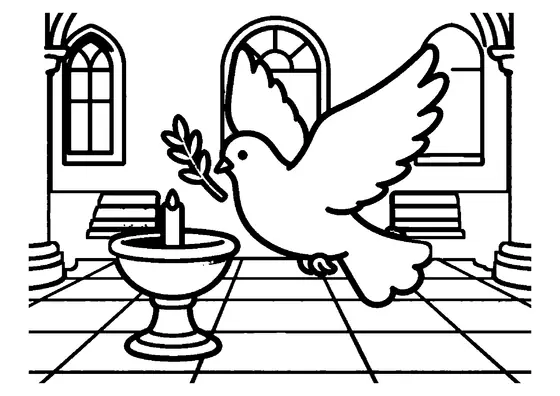 Une colombe blanche, symbole de paix, portant un rameau d’olivier et volant au-dessus de fonts baptismaux en pierre dans une église.