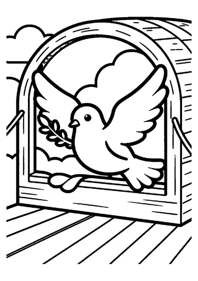 Taube mit einem Zweig im Schnabel, die über dem offenen Fenster einer hölzernen Arche fliegt.