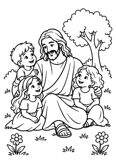 Jesus seated with three smiling children in a simple garden, with a leafy tree, two flowers, and small grass patches.