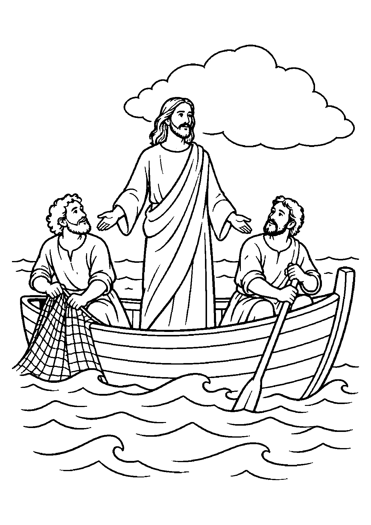 Jesus standing in a small fishing boat with two disciples, gentle waves, a fishing net, an oar, and one large cloud.