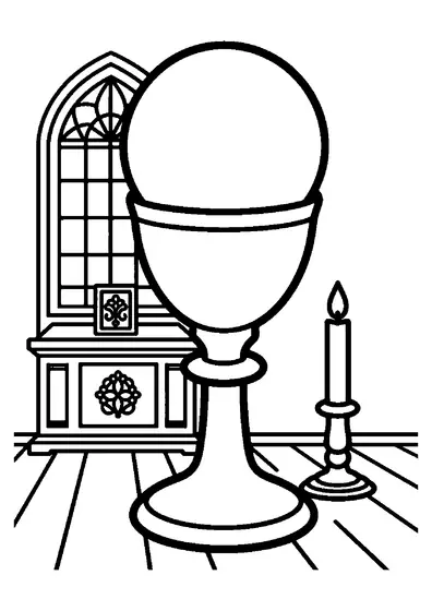 Un potir auriu pentru Liturghie, cu o ostie albă și o lumânare aprinsă, în sacristia unei mănăstiri.