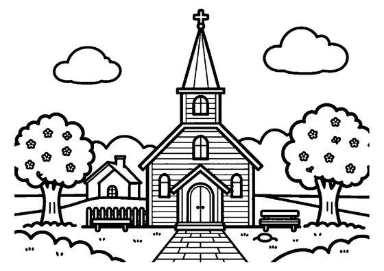 Eine historische Dorfkirche, umgeben von Obstbäumen in einem blühenden Frühlingsgarten.