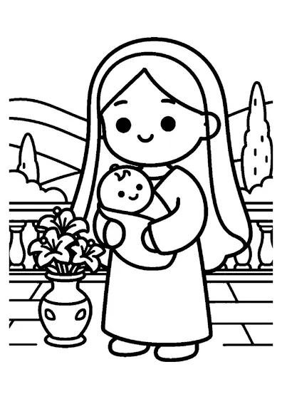 Maria mit sanftem Lächeln hält das kleine Jesuskind auf einer steinernen Terrasse im Arm.