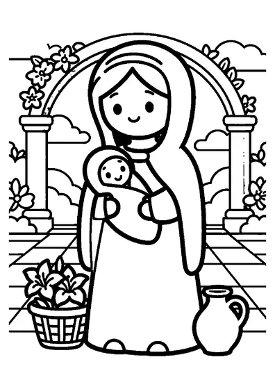 Maria hält das Jesuskind im Arm und ist von weißen, blühenden Gartenlilien umgeben.