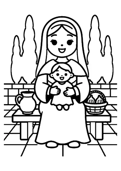Fecioara Maria îl ține pe Pruncul Isus în brațe, așezată pe o bancă de piatră printre chiparoși.