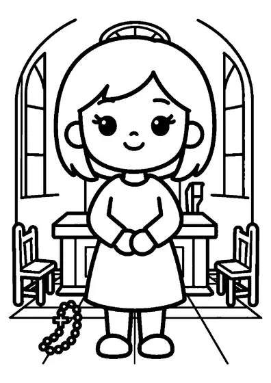 Ein Mädchen steht mit gefalteten Händen an einem Betstuhl in einer kleinen Krankenhauskapelle.