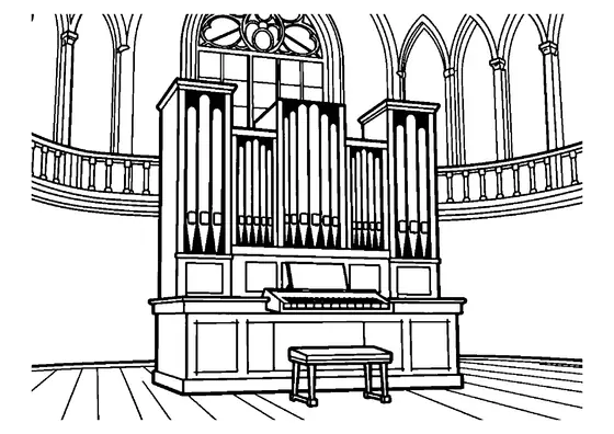 Eine große Orgel mit mehreren Pfeifenreihen steht neben einer Bank auf der Empore des Doms.