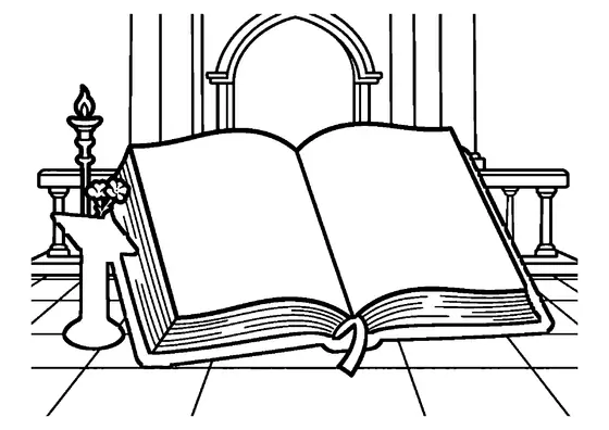 O Biblie deschisă, cu semn de carte din panglică, așezată pe un pupitru ornamentat din lemn într-o biserică.