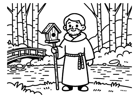 Sfântul Francisc, îmbrăcat în veșmânt franciscan, stă lângă un podeț care trece peste un pârâu din pădure.