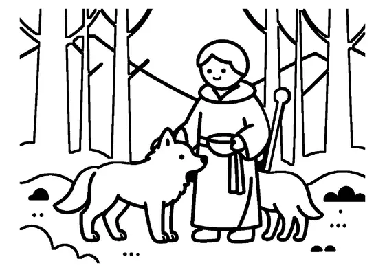 Der heilige Franziskus mit Bart und Ordensgewand streichelt einen friedlichen Wolf im Wald.