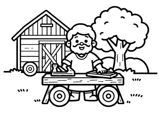 Sfântul Iosif lucrează la un banc de tâmplărie din lemn, cu unelte, într-un cadru rural.