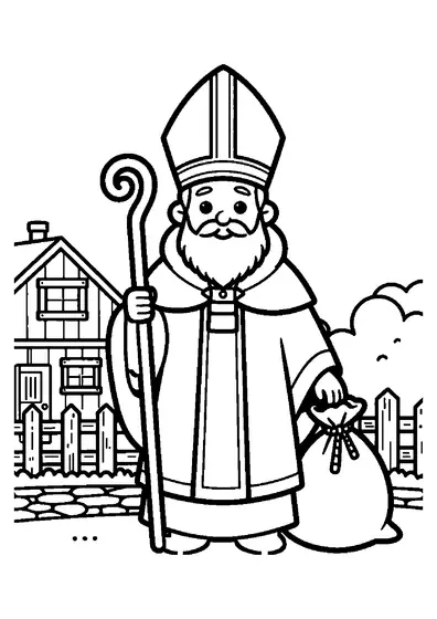 Sfântul Nicolae Episcopul poartă mitră și ține o cârjă pastorală lângă un hambar vechi.