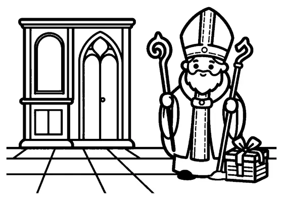 Sfântul Nicolae poartă mitră și veșminte în sacristie, ținând cârja episcopală lângă un cufăr cu daruri.