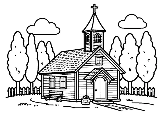 Hölzerne Dorfkirche mit steilem Dach und hohem Turm zwischen Bäumen.