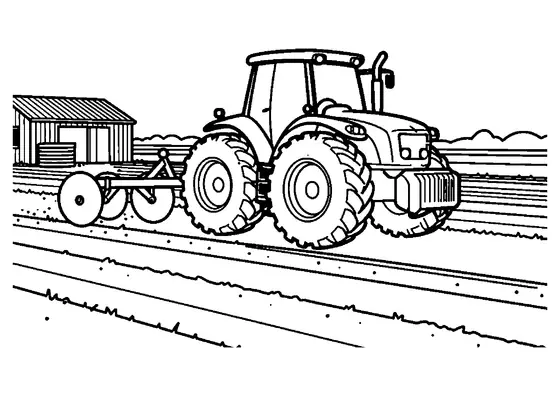 Un tracteur lourd équipé d’une herse travaille dans un champ près d’un hangar agricole peu élevé.