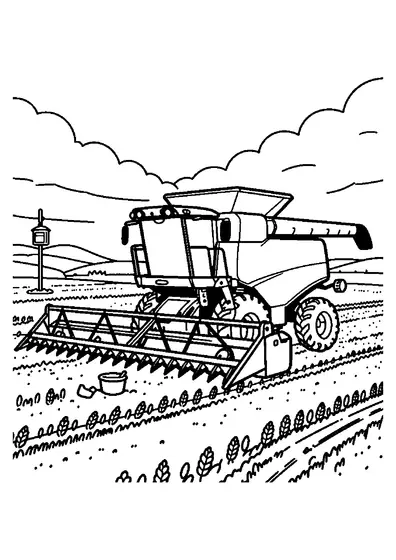 Uma colheitadeira com uma plataforma larga trabalha num campo perto de uma estação meteorológica agrícola.