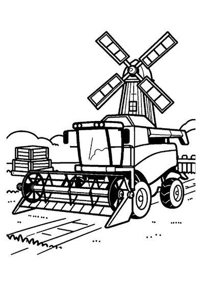 Une moissonneuse-batteuse garée près d'un moulin traditionnel à ailes.