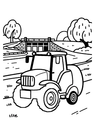 Tractor com apanhadeira de fardos e fardo de feno junto a um canal de relvados.