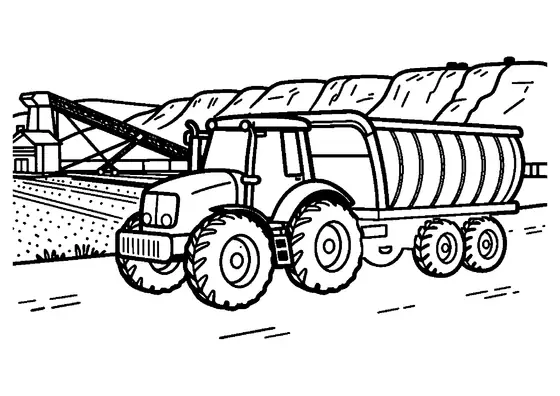 Um trator com um carro de transporte cheio de grãos está a andar por um campo perto de uma pedreira de calcário a céu aberto.