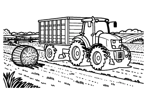 Un tracteur tirant une haute remorque de paille traverse un champ le long d’une digue fluviale.