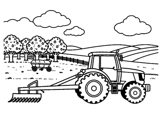 Tractor com gradeadora a colocar feno numa relva adjacente a um pomar.