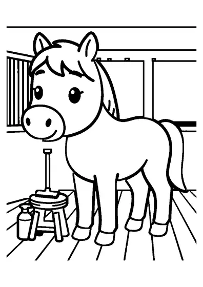 A girl bends beside a horse in its stable stall and cleans its hoof with a hoof pick.