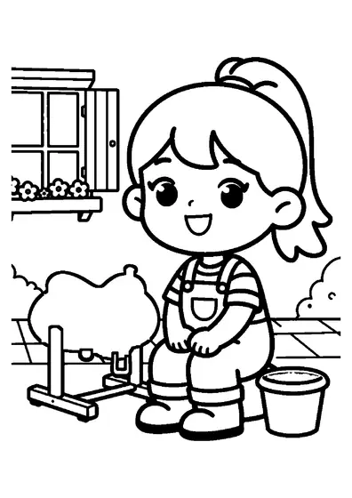 Dibujo para colorear de una niña sentada junto a una silla de montar en un soporte fuera del establo.