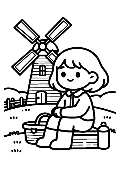 Pagina da colorare con una bambina seduta accanto al suo pony su una collina affacciata su un mulino a vento.