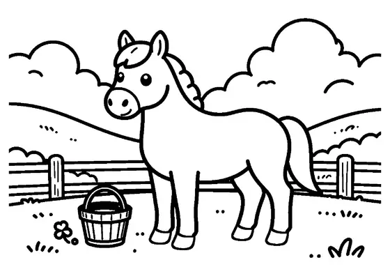 Dibujo para colorear de una yegua cuidadosa y su potrillo junto a una cerca en un prado florecido.