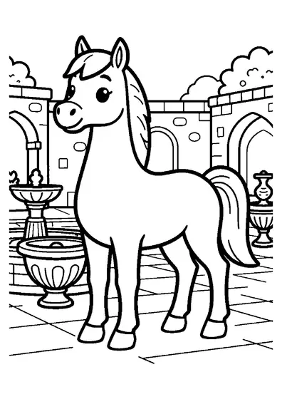 Dibujo para colorear de un majestuoso caballo árabe junto a una fuente de piedra en un jardín.