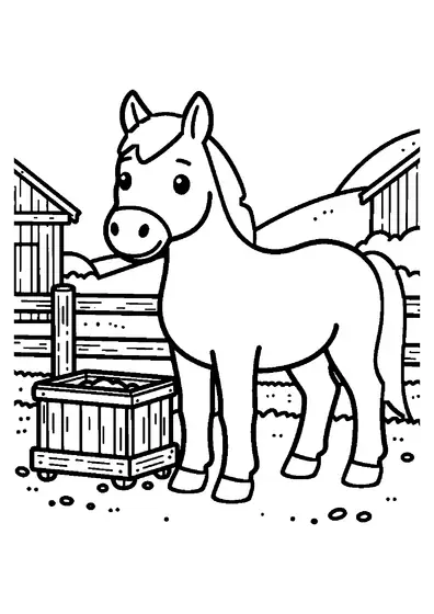 Pagina da colorare con un cavallo falbo dalla striscia dorsale scura accanto a una mangiatoia per il fieno.