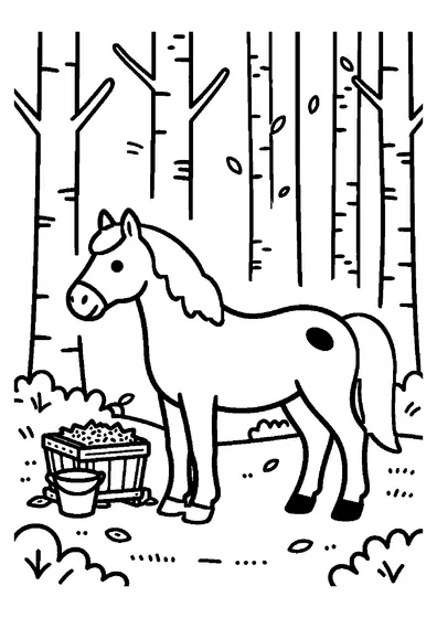 A piebald horse standing beside a wooden feeder filled with hay in a birch grove.