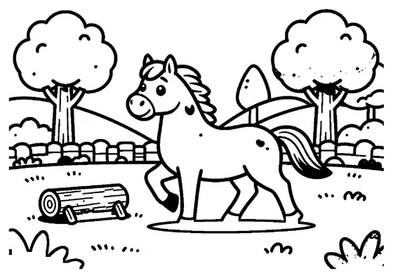 Dibujo para colorear de un caballo Appaloosa galopando junto a un salto de madera en un claro del bosque.