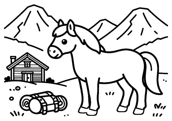 A horse standing against a backdrop of high mountain peaks and a wooden shelter.