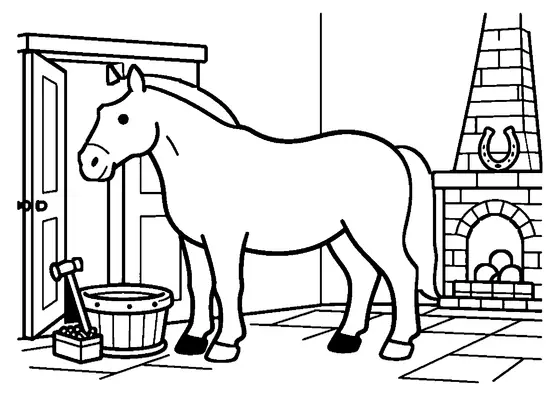 A large horse stands inside a rustic blacksmith shop near a brick forge and traditional tools.