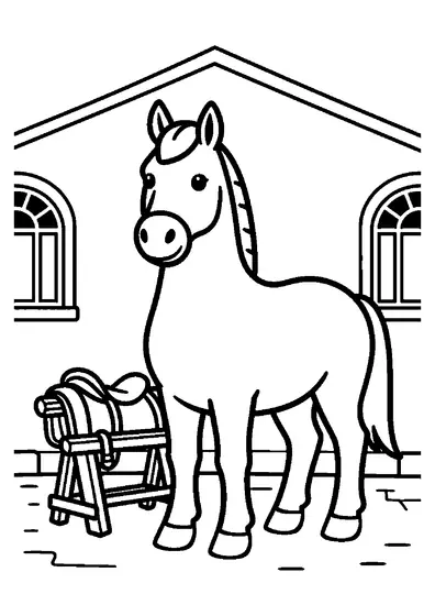 A calm horse standing beside a wooden rack holding a saddle and saddle pad in a stable yard.