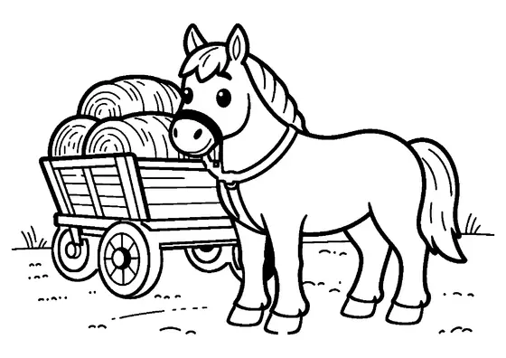 Ein kräftiges Kaltblut steht neben einem mit Stroh beladenen Holzwagen.