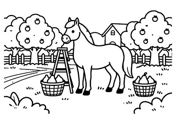 Ein Pferd steht unter den Zweigen von Obstbäumen neben einer Leiter und einem Korb voller Birnen.