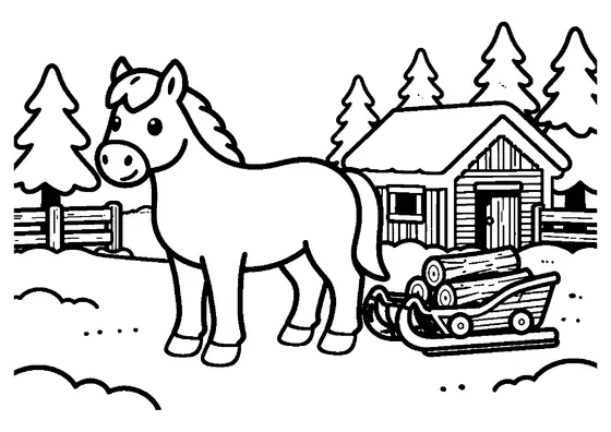 Dibujo para colorear de un caballo de tiro junto a un trineo en la nieve cerca de un cobertizo de madera.
