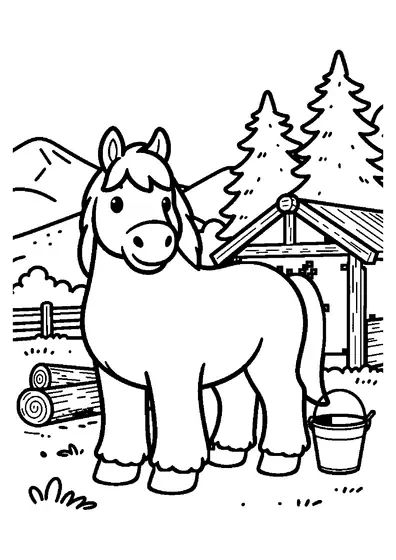 Pagina da colorare con un grande cavallo da tiro accanto a una legnaia nel bosco.