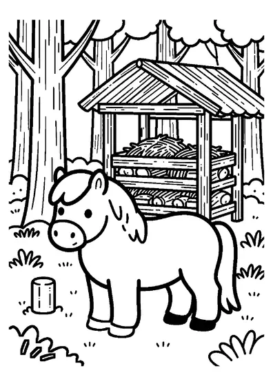 A small pony standing in a woodland clearing beside a wooden hay feeder and tall pine trunks.