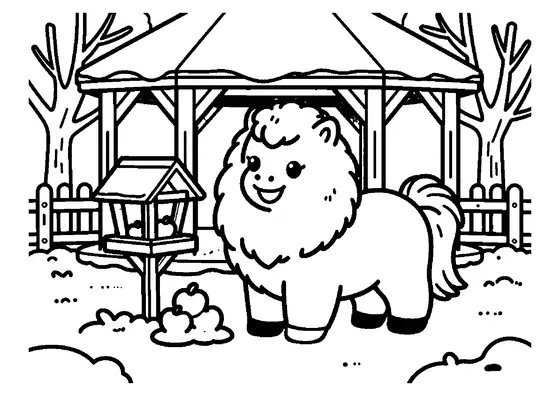 Pagina da colorare con un soffice pony Shetland accanto a un gazebo in legno coperto di neve.
