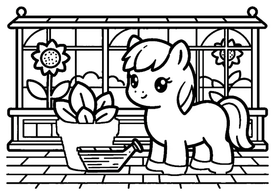 Ein kleines Pony steht auf einem Ziegelweg neben einem Gewächshaus, in dem Sonnenblumen zu sehen sind.