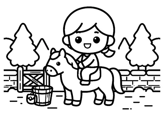 Ausmalbild für Kinder: Ein Mädchen mit Reithelm streichelt ein kleines Pony an einer Steinmauer und einem Holztor, im Hintergrund stehen Tannen.